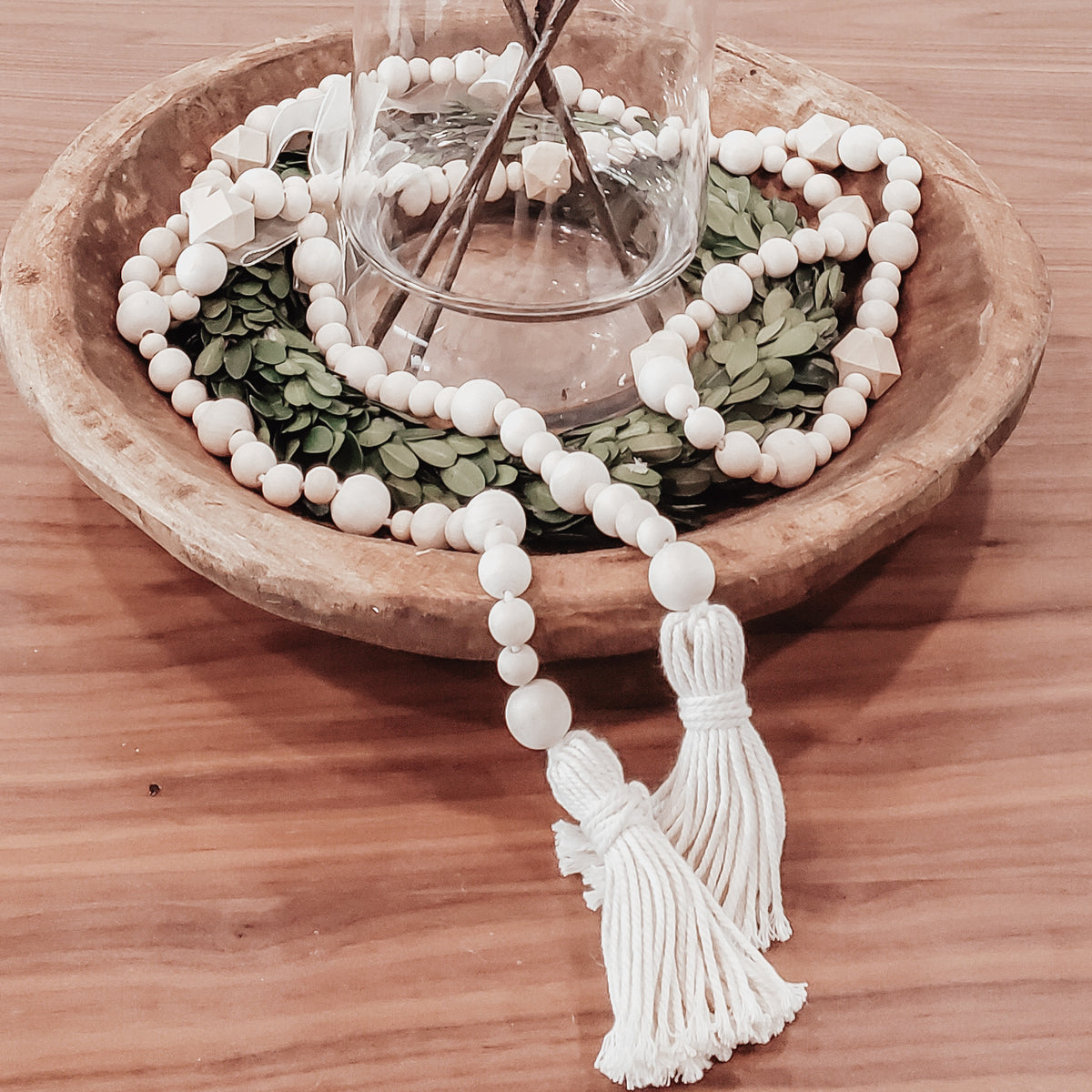 Wood Bead Garland with Tassel Rustic Farmhouse Decor Accessories