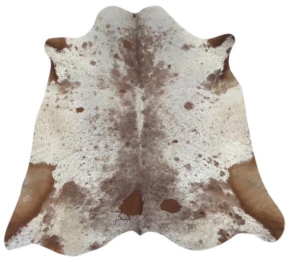 Brown and white speckled salt and pepper cowhide rug. 
