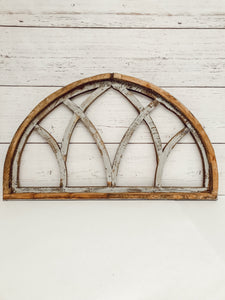 Half moon wood window wall arch. Gray rustic distressed finish. 