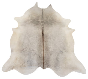 Premium White and Gray Cowhide Rug with light branding. 